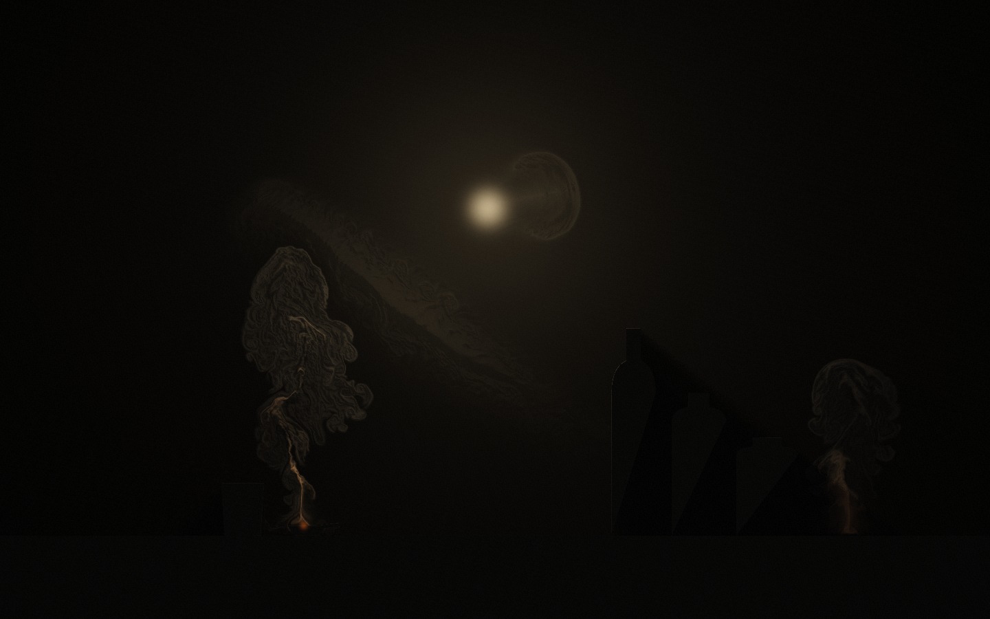 Fumatorium — smoke drifting over a bar counter and bottles under a single tungsten lamp