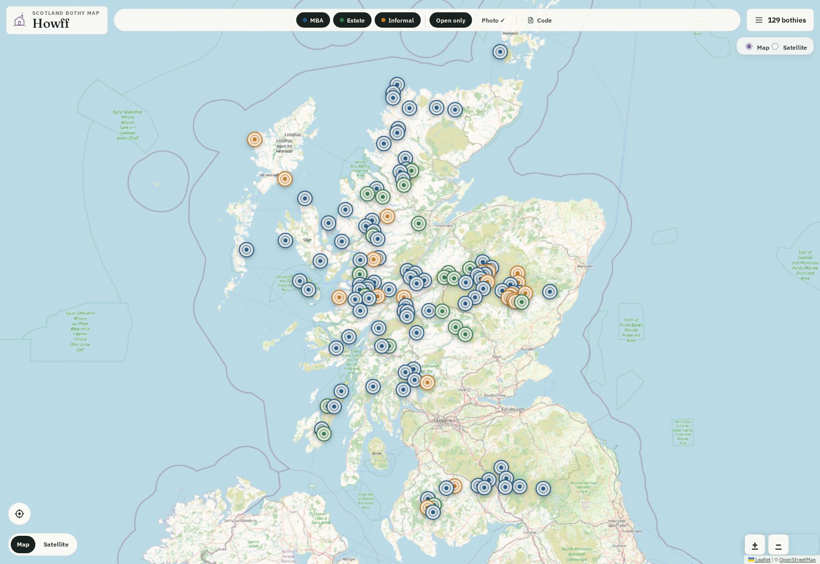 Howff map showing bothies across Scotland