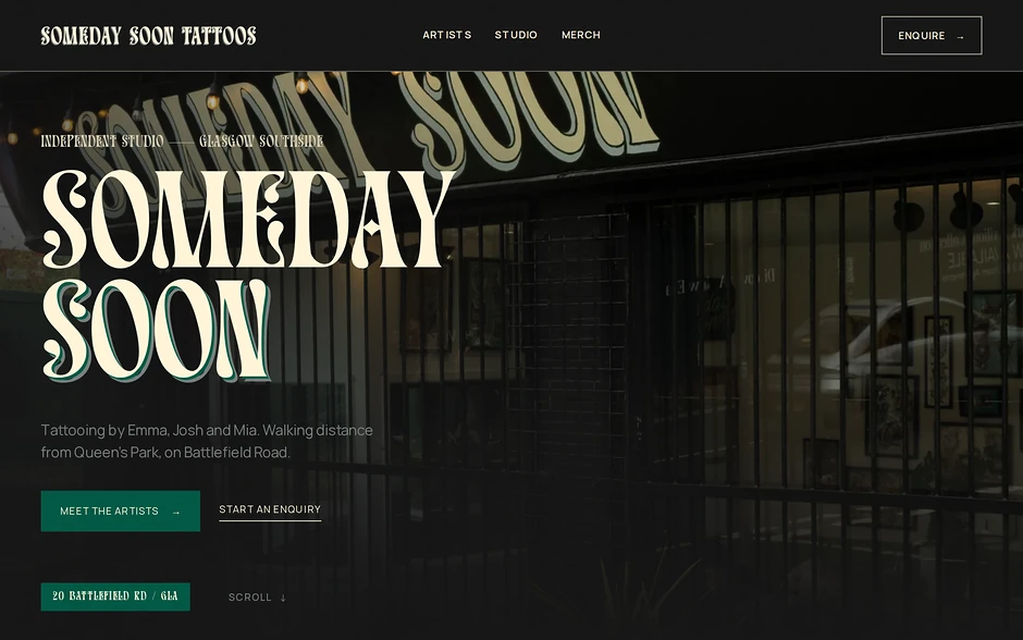 The Someday Soon homepage: the studio's shopfront at night with the name in their own lettering